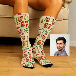 Customized Face Christmas Socks with Number 67, Funny Personalized Holiday Gift, Add Photo, Name, Santa Hat, Unique Xmas Sock