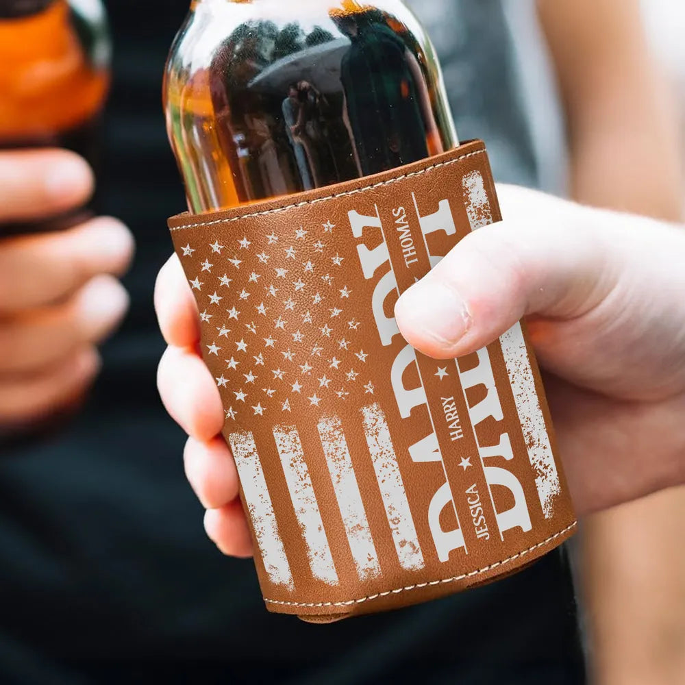 Best American Dad - Personalized Leather Can Cooler - Gift For Dad, Grandfather, Father's Day Gift