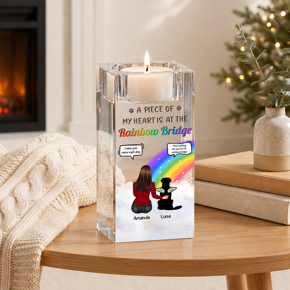 A Piece Of My Heart Is At The Rainbow Bridge - Personalized Crystal Candle Holder