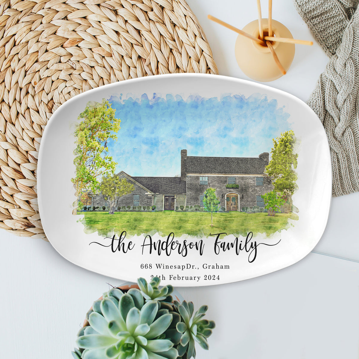 Personalized House Portrait Platter, Watercolor Effect House Painting Platter, Housewarming Gift, Realtor Closing Gift, First Home Gift