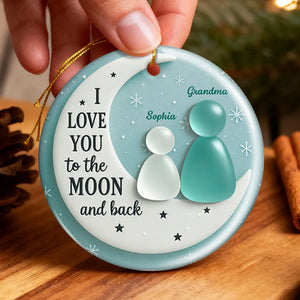 3D Sea Glass Effect Grandma And Grandkid On Moon - Personalized Ornament - Christmas Gift For Mom, Grandma