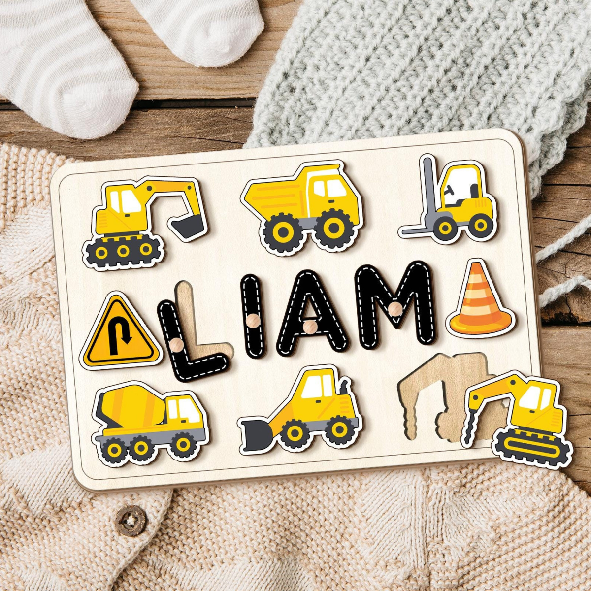 Personalized Construction Wooden Name Puzzle, Dump Truck, Digger Construction Set, Birthday Gifts for Baby Boy, Kids Name Puzzle