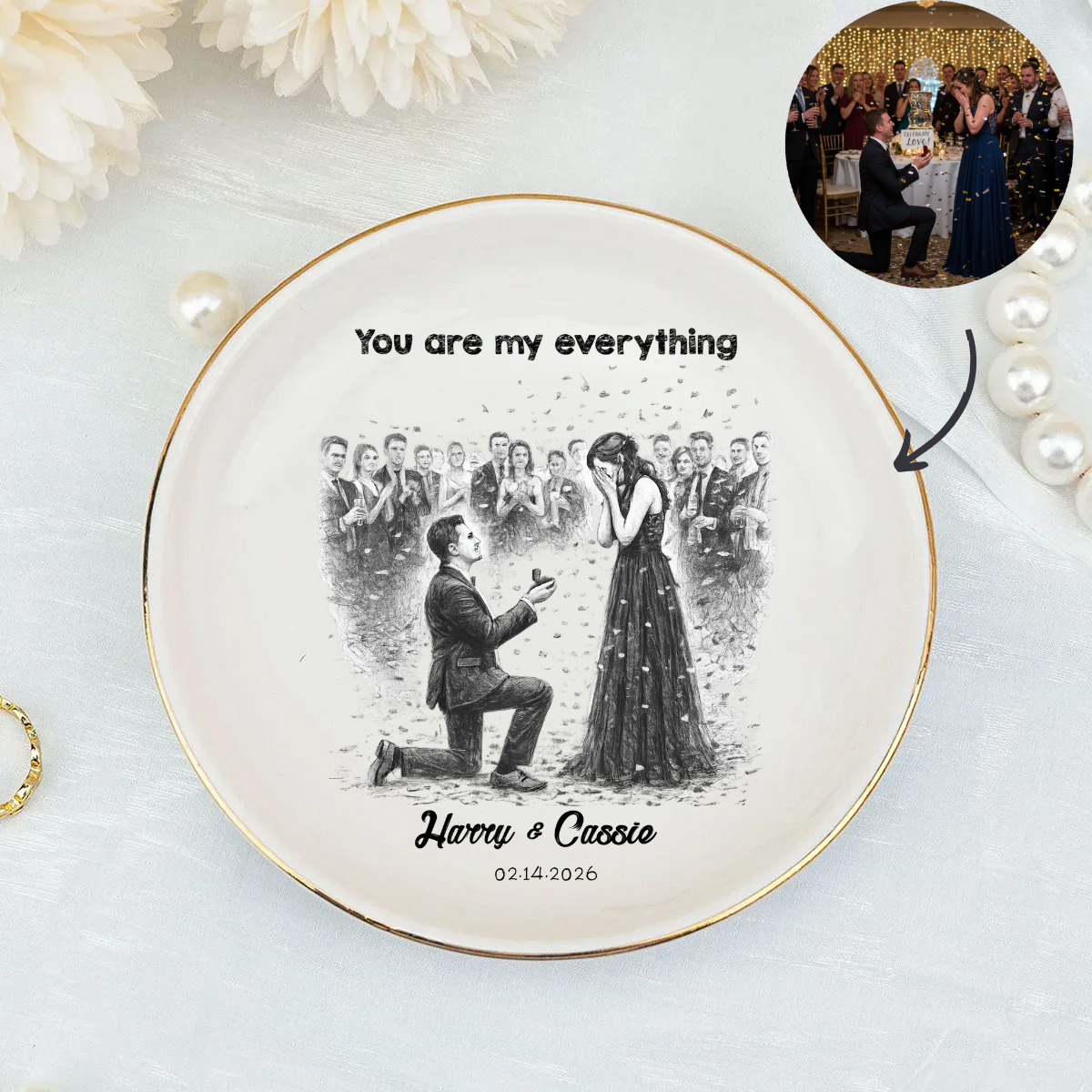 Personalized Proposal Photo Jewelry Dish - Custom Pencil Sketch Illustrated Engagement Keepsake Ring Tray with Names & Engaged Date