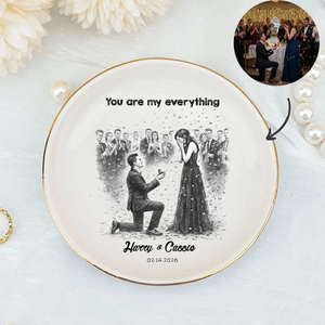Personalized Proposal Photo Jewelry Dish - Custom Pencil Sketch Illustrated Engagement Keepsake Ring Tray with Names & Engaged Date