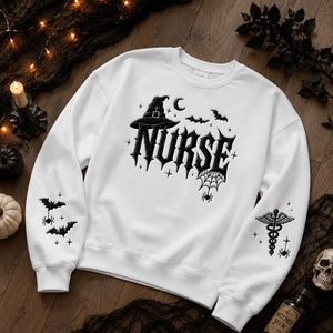Embroidered Nurse Halloween Sweatshirt, Spooky Nurse Crewneck, Gothic Medical Shirt, Bat Spider Web Sleeve Embroidery, Nurse Gift