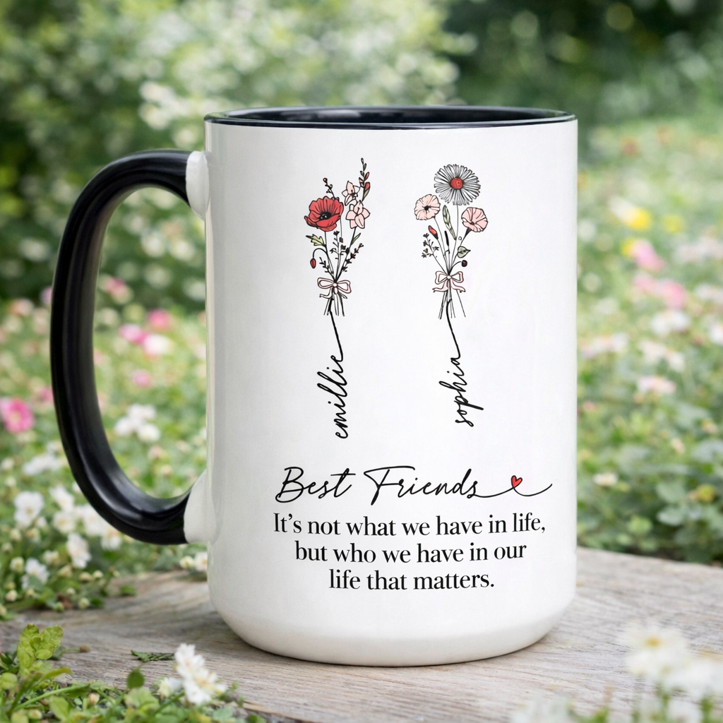 Personalized Birth Month Flower Mug for Best Friend, Custom Name Birthday Coffee Mug, Bestie Gift