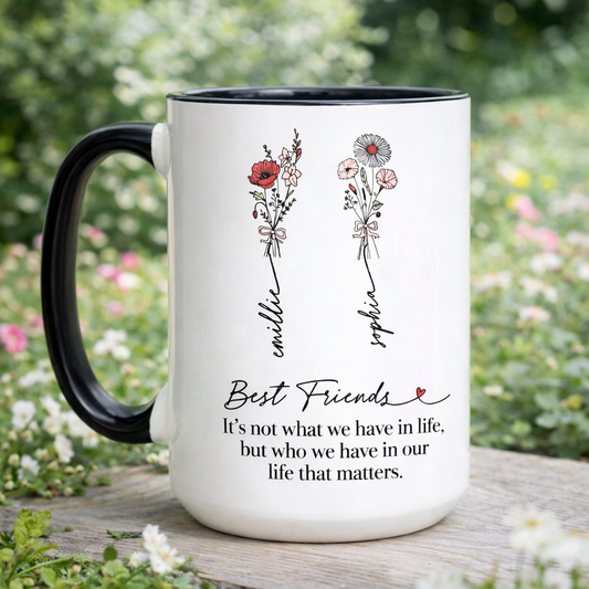 Personalized Birth Month Flower Mug for Best Friend, Custom Name Birthday Coffee Mug, Bestie Gift