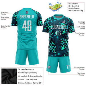 Custom Aqua White-Navy Sublimation Soccer Uniform Jersey