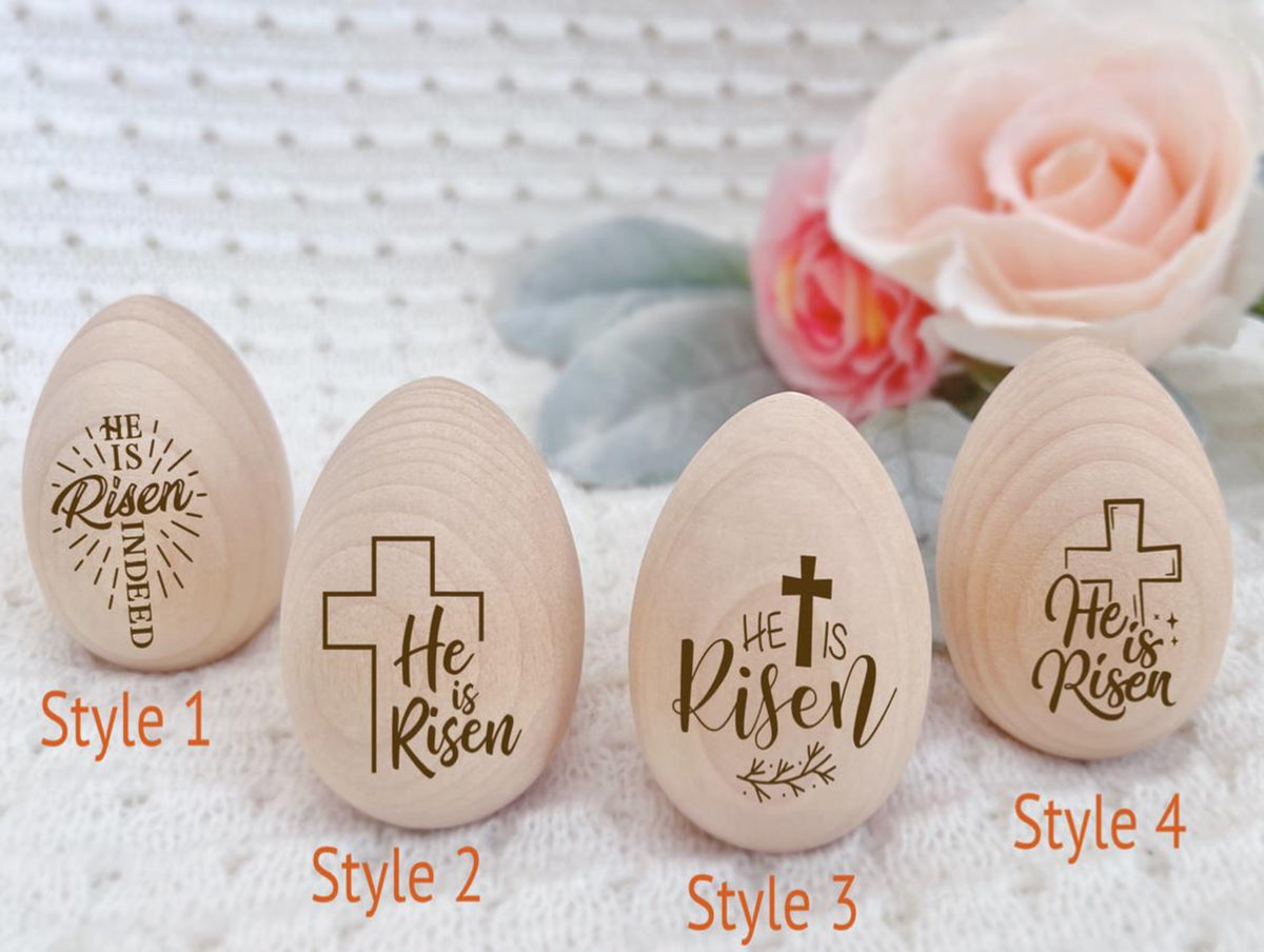 Personalized Engraved Wooden Egg for Easter Egg Basket, Easter egg table setting, Easter tray Easter Christian decor, He is risen