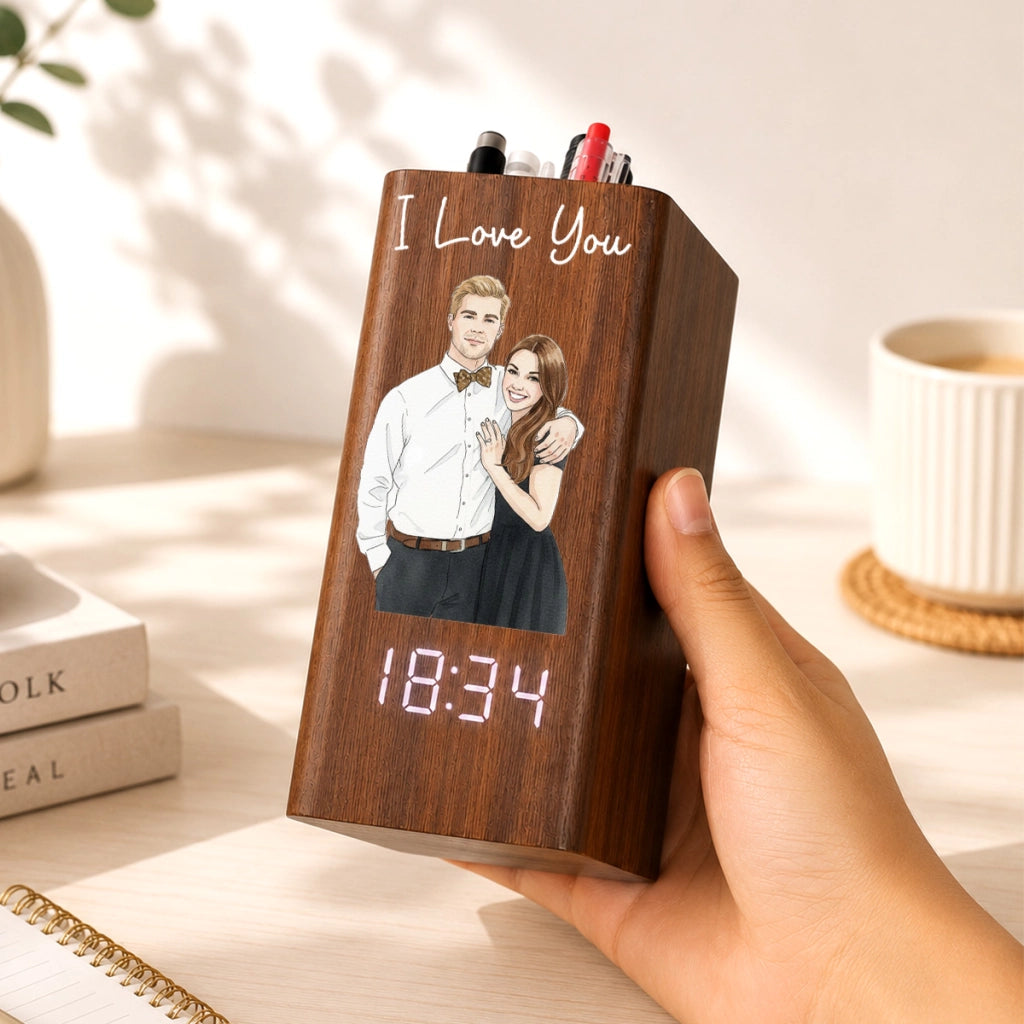 Custom Watercolor Photo - Personalized Pen Holder With Clock - Gift For Couple, Gift For Family