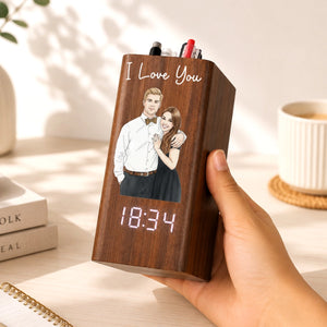 Custom Watercolor Photo - Personalized Pen Holder With Clock - Gift For Couple, Gift For Family