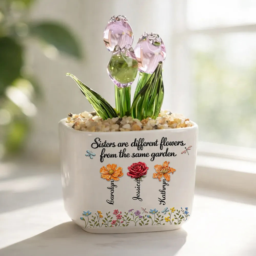 Sisters Are Different Flowers From The Same Garden - Personalized Mini Glass Flower Pot - Gift For Sisters, Besties, Friends