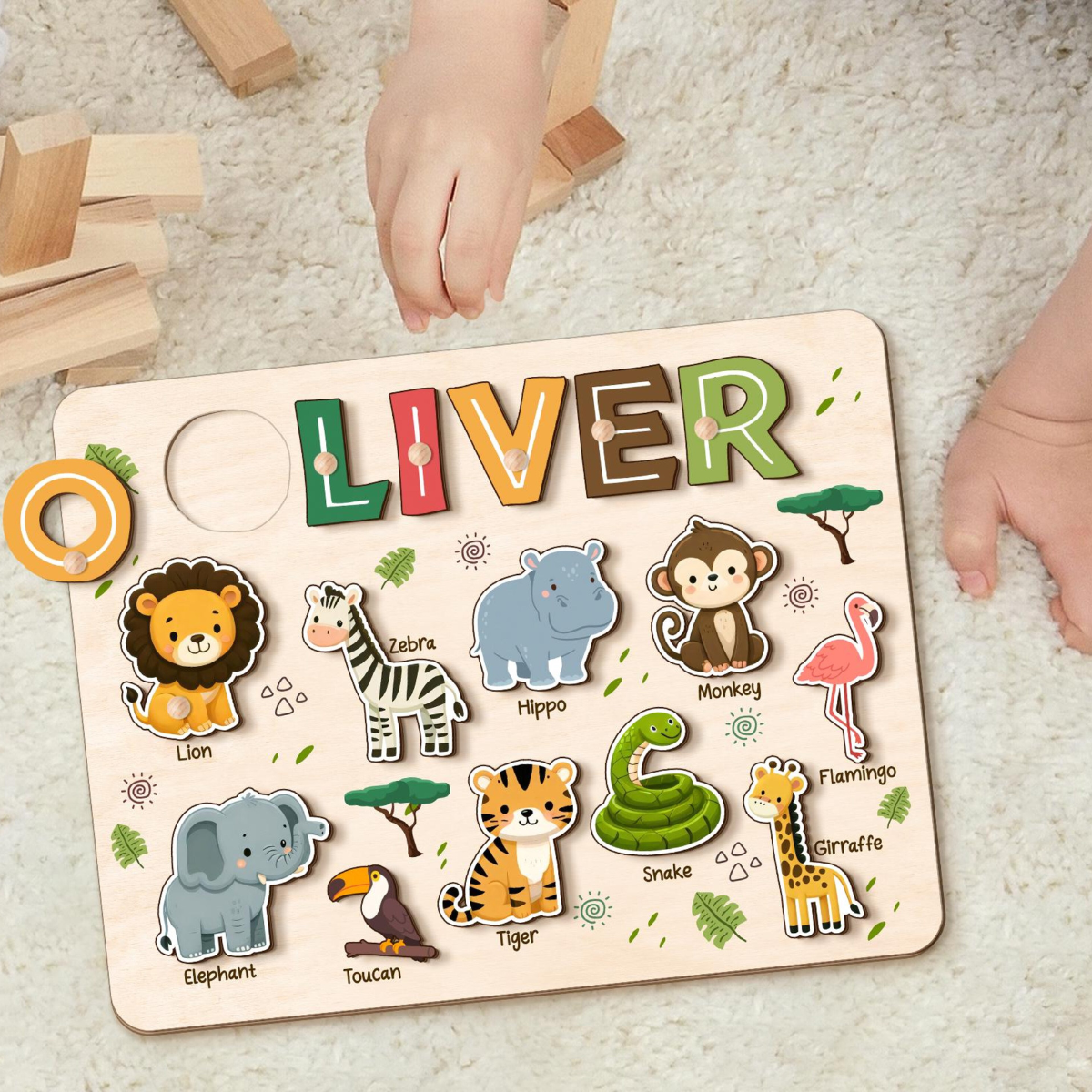 Safari Animal Name Puzzle for Kids, Personalized First Birthday Gift, Custom Toddler Wooden Puzzles, Unique New Baby Gift, Baby Shower Gift