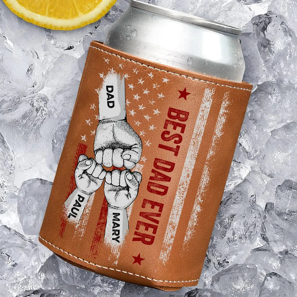 Best Dad Ever Dad & Kid Fist Bump - Personalized Leather Can Cooler - Gift For Dad, Grandpa, Father's Day