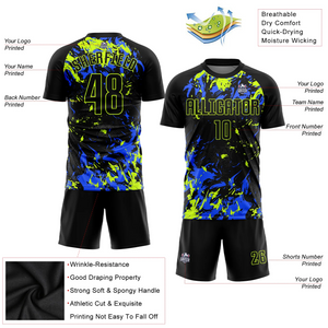 Custom Black Black Neon Green-Royal Sublimation Soccer Uniform Jersey