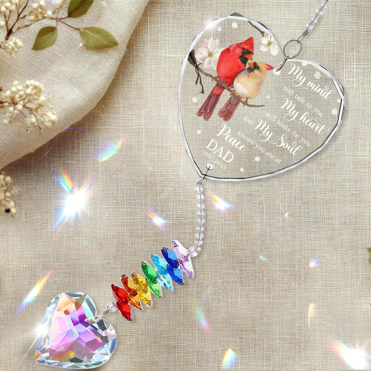 Personalized Memorial Crystal Suncatcher, Cardinal Memorial Glass Ornament, Cardinals Memorial Gifts For Loss Of Mom, Dad, Family Member