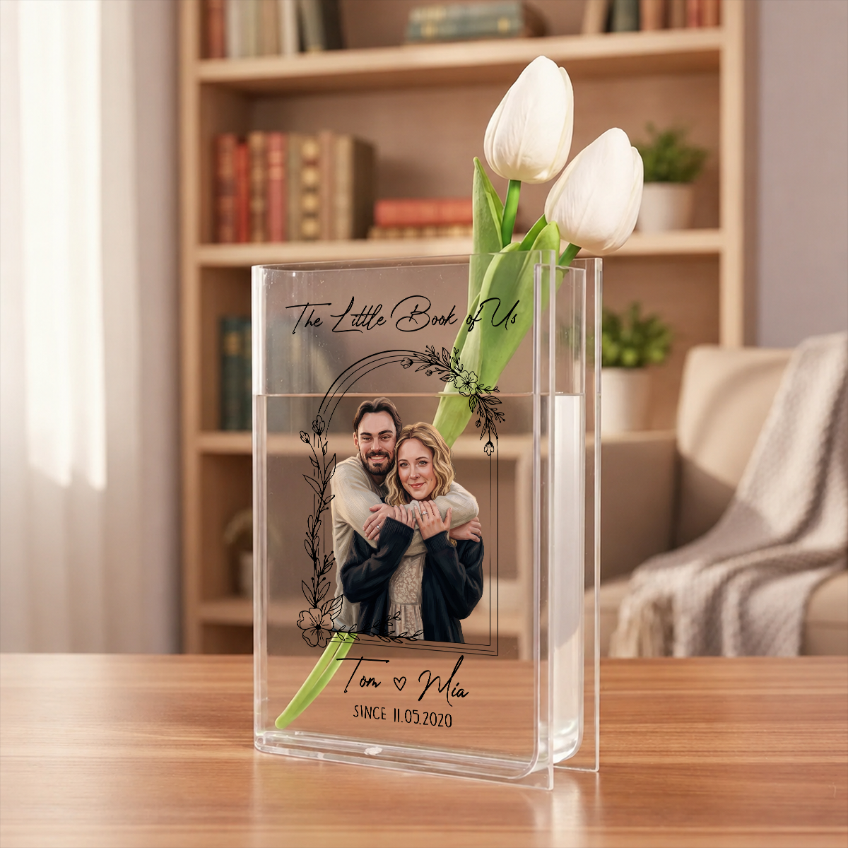 Anniversary Gifts - Custom Photo Couples Art - Personalized Journal Clear Acrylic Book Vase for Flowers, Transparent Flower Vase