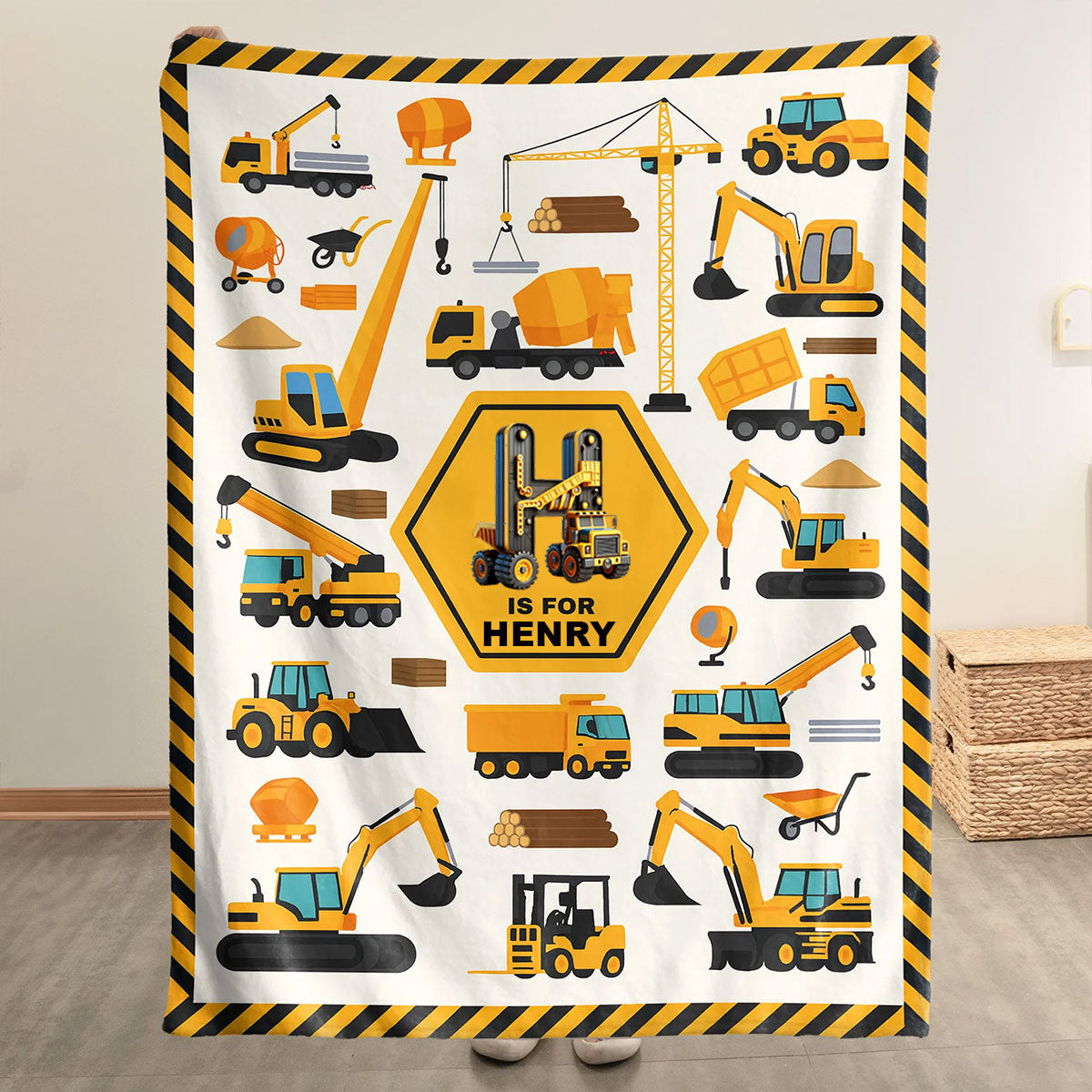 Construction Vehicles Truck, Unicorn Letter - Personalized Blanket