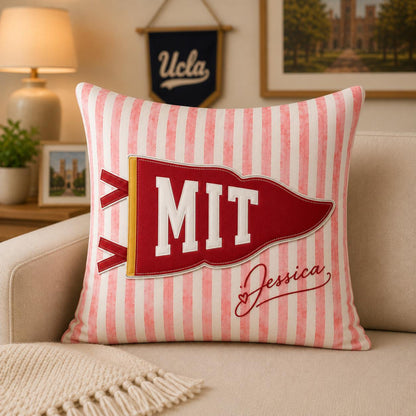 Custom School Pennant Flag Pillow, University Spirit Striped Pillow, Class of 2026, College Graduation Gift, Senior Night Student Gift