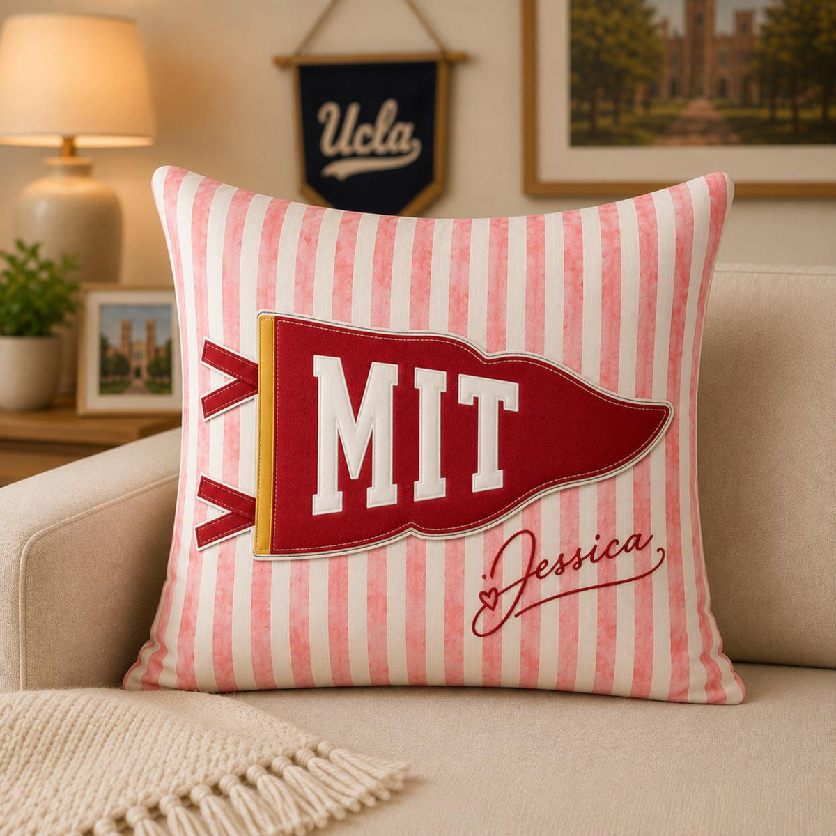 Custom School Pennant Flag Pillow, University Spirit Striped Pillow, Class of 2026, College Graduation Gift, Senior Night Student Gift