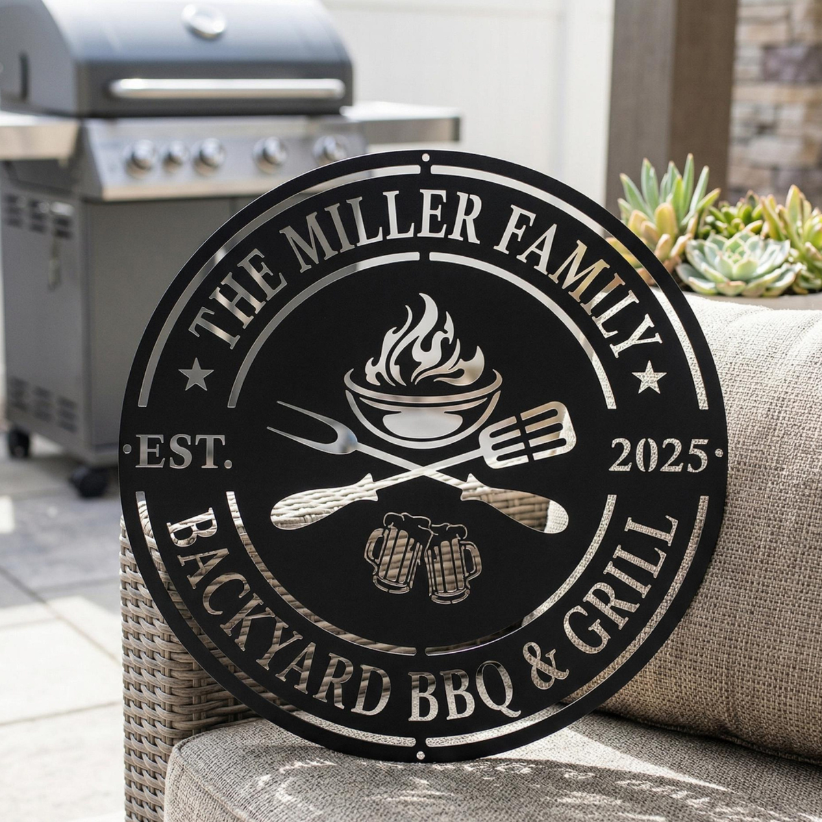 Custom Metal BBQ Sign, Personalised Family Name Grill Decor, Backyard Barbecue Wall Art Outdoor, Kitchen Sign, Father's Day Gift Housewarming