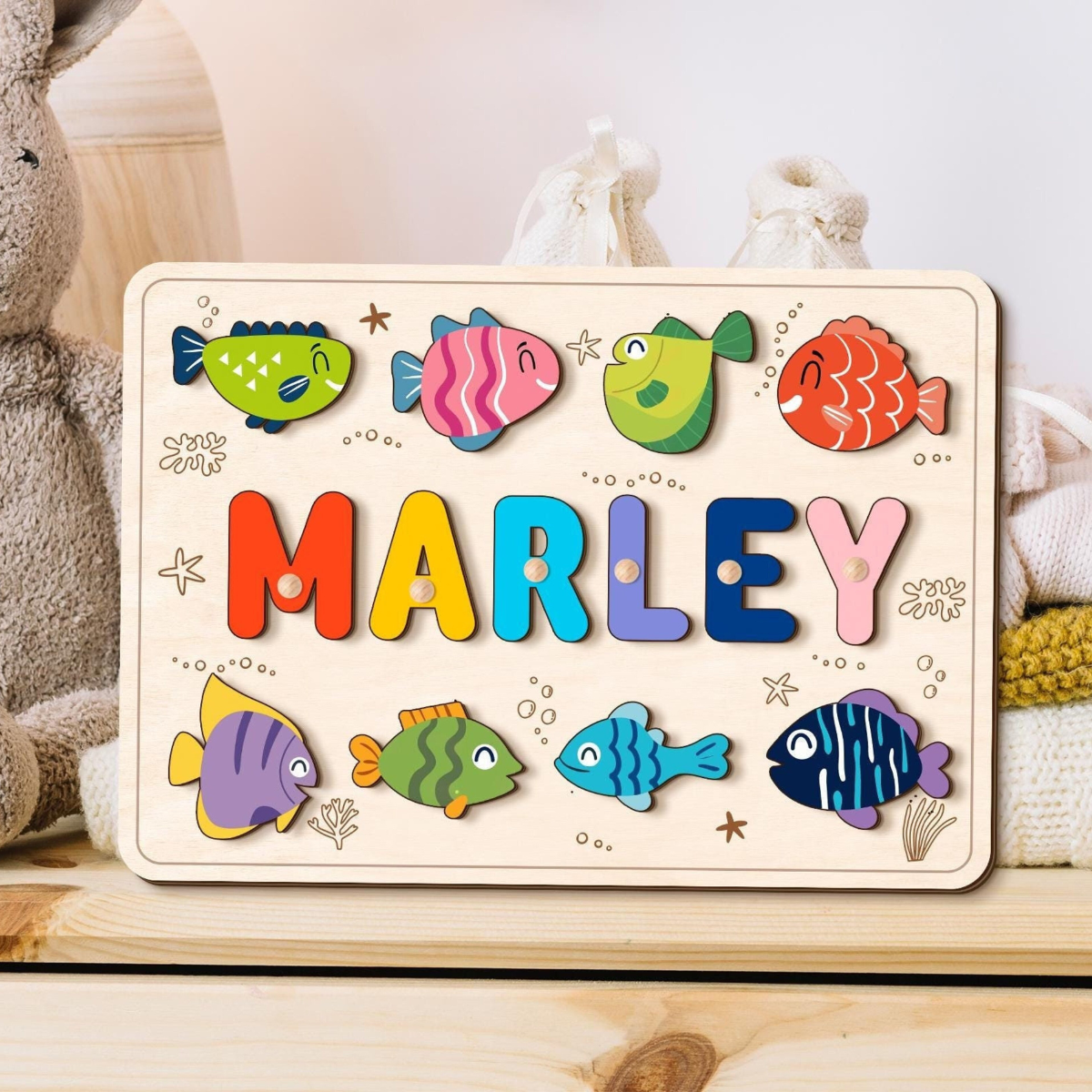 Ocean Life Name Puzzle with Fish, Wood Name Puzzle, Custom Handmade Name Puzzle, Birthday Gifts for Toddler, Montessori Board, Nursery Decor