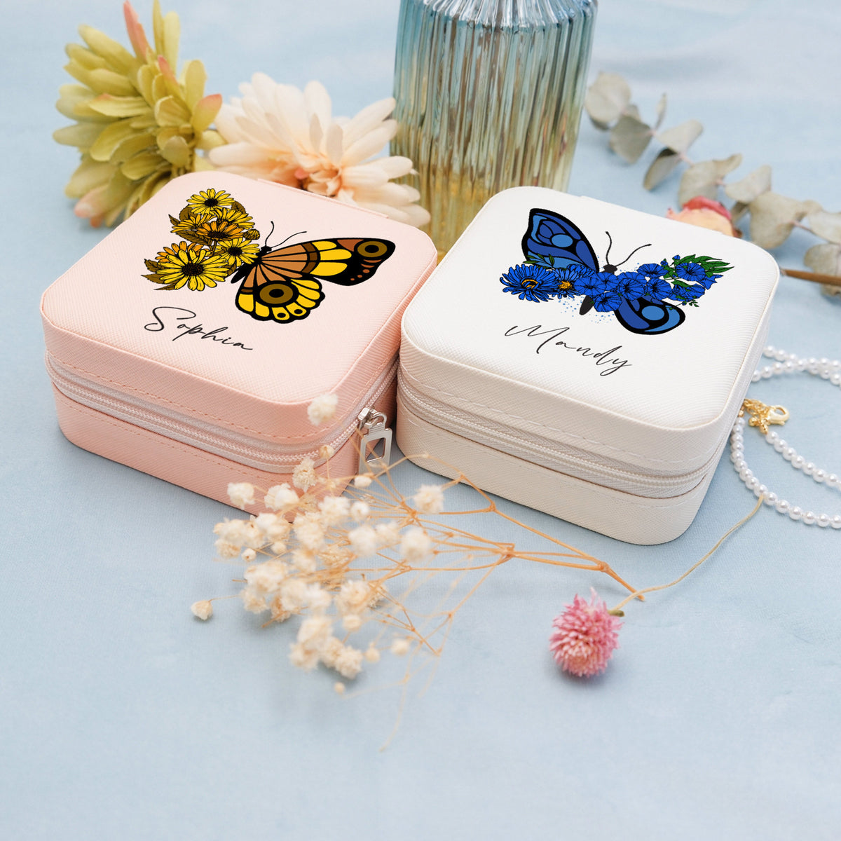 Floral Butterfly With Name - Personalized Square Jewelry Box - Gift For Her, Gift For Mom, Mother's Day, Birthday Gift