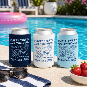 Flirty Thirty and Thriving Birthday Can Coolers, 30th Birthday Personalized Can Sleeves, Beach Coastal Birthday Party Favors