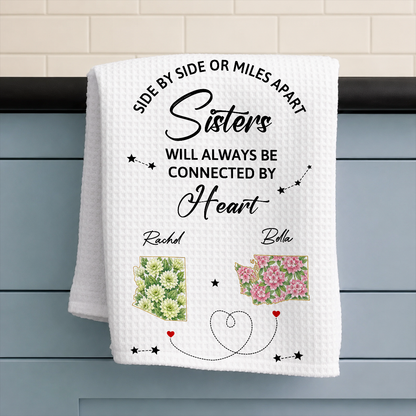 Connected By Heart - Personalized Kitchen Towel, Gift For Sisters, Bestie