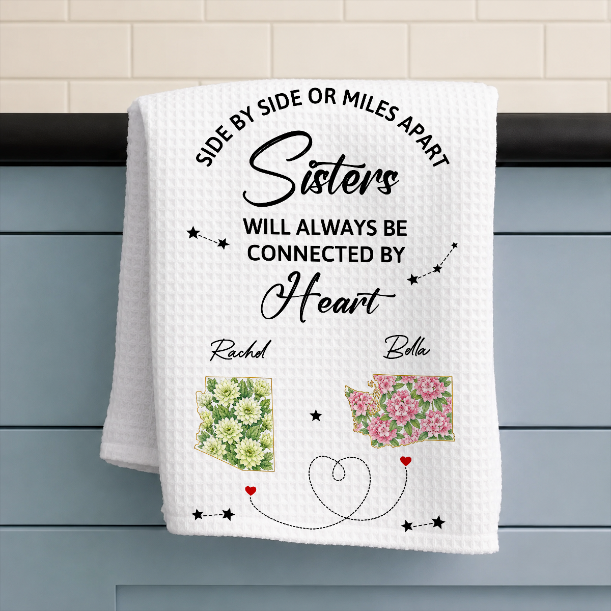 Connected By Heart - Personalized Kitchen Towel, Gift For Sisters, Bestie