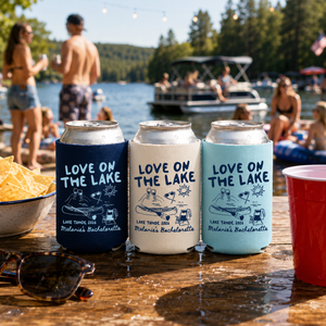 Love On The Lake Bachelorette Can Coolers, Personalized Lake Club Bachelorette Drink Can Sleeves, Camping Bachelorette Party Favors