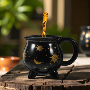 Witch Coffee Mug Black Ceramic Cup with Moon and Stars, Halloween Gift for Her, Witchy Kitchen Decor, Spooky Fall Drinkware Gift