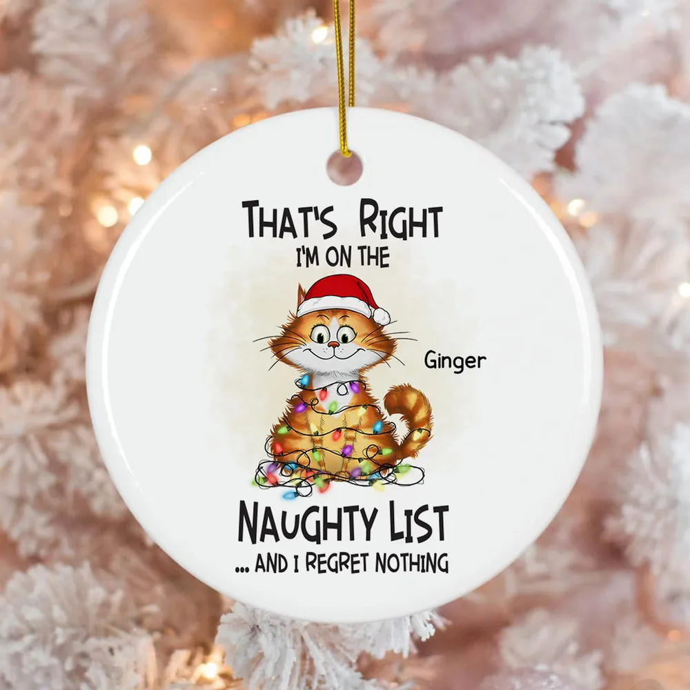 Christmas Quirky Cat On The Naughty List I Regret Nothing Personalized Ceramic Ornament, Unique Christmas Gift For Cat Owners Cat Lovers