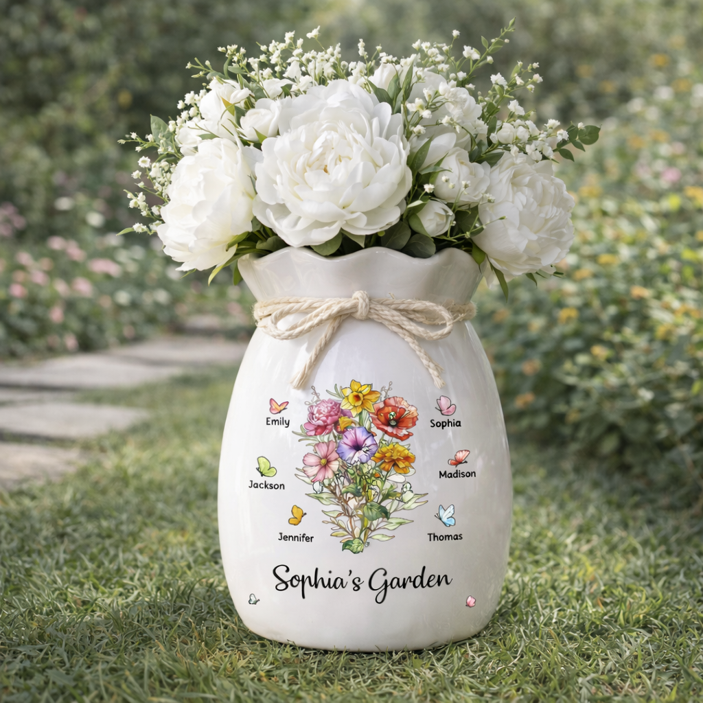 Garden Of Love - Personalized Flower Vase With Ribbon - Gift For Mom, Grandma, Mother's Day Gift