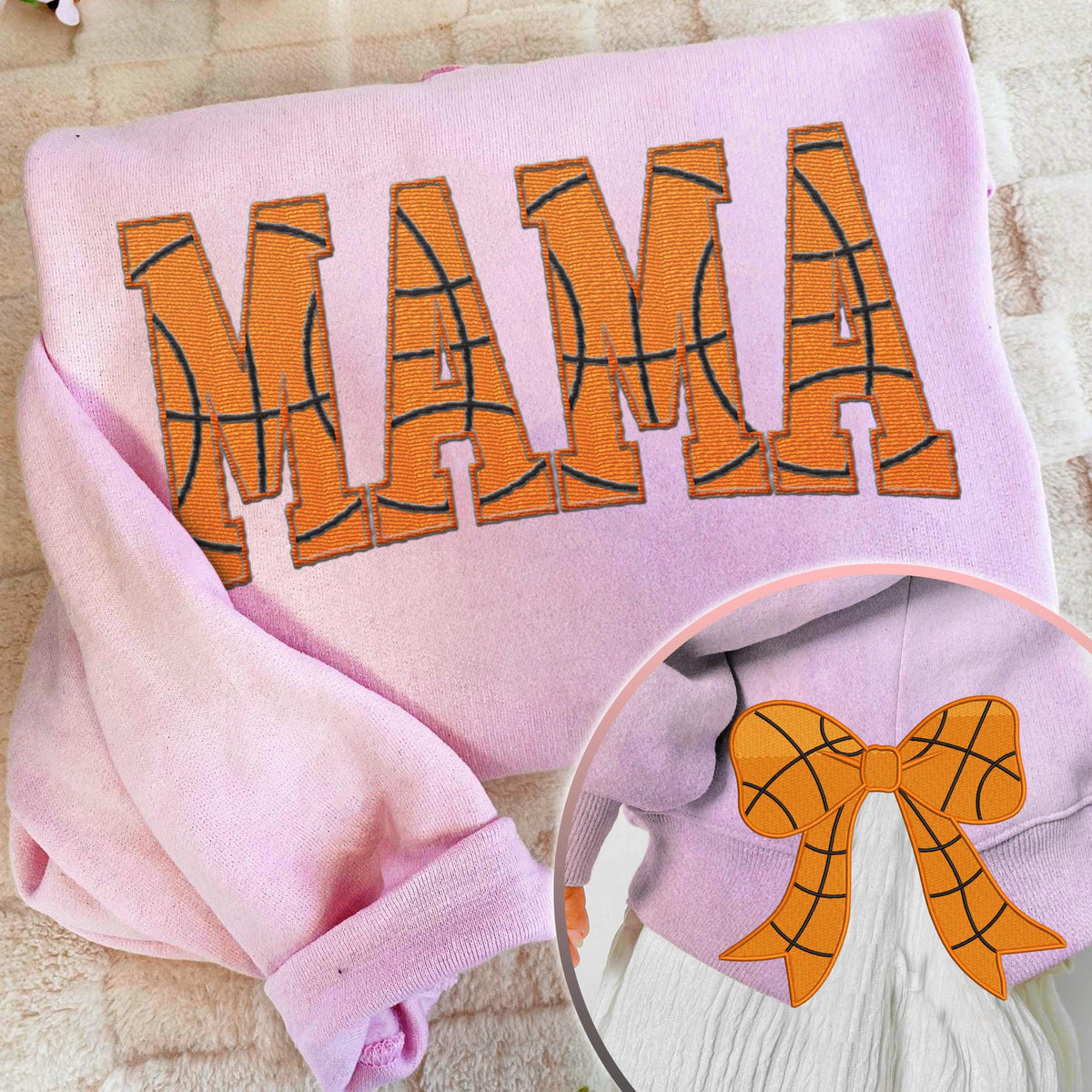 MAMA Basketball Coquette Side Bow Sweatshirt, Retro Trendy Coquete Lover Sweater, Bow Applique Pink Girl Gifts
