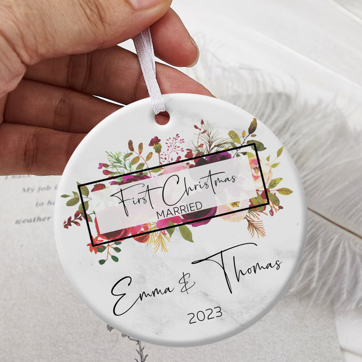First Christmas Married Tropical Leaves - Personalized Ornament - Christmas Gift