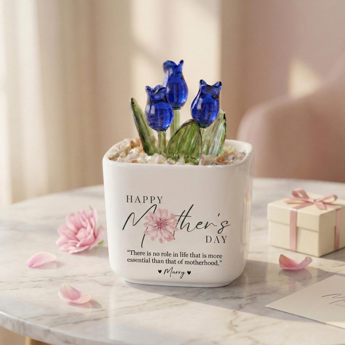 Personalized Tulip Glass Flower Pot, Mother's Day Gift for Mom, Happy Mothers Day Planter, Custom Name Flower Pot, Decorative Glass Tulip