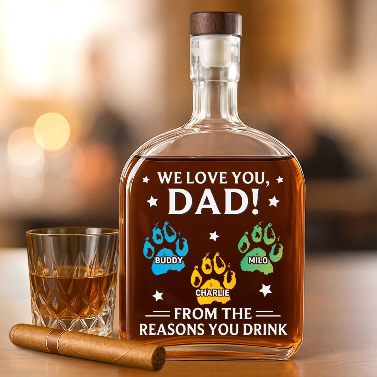 To Dad From The Reasons You Drink Cat & Dog Paw - Personalized Whiskey Bottle - Gift For Cat Dad, Dog Dad, Father's Day