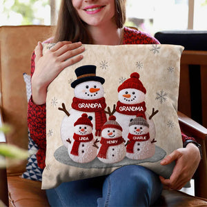 3D Effect Fleece Texture Christmas Grandma Grandkids Snowman Together - Personalized Pillow - Heartwarming Gift For Grandparents