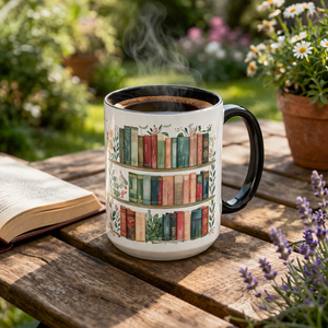 Floral Bookshelf Coffee Mug, Vintage Book Shelf Ceramic Mug, Gift For Book Lovers