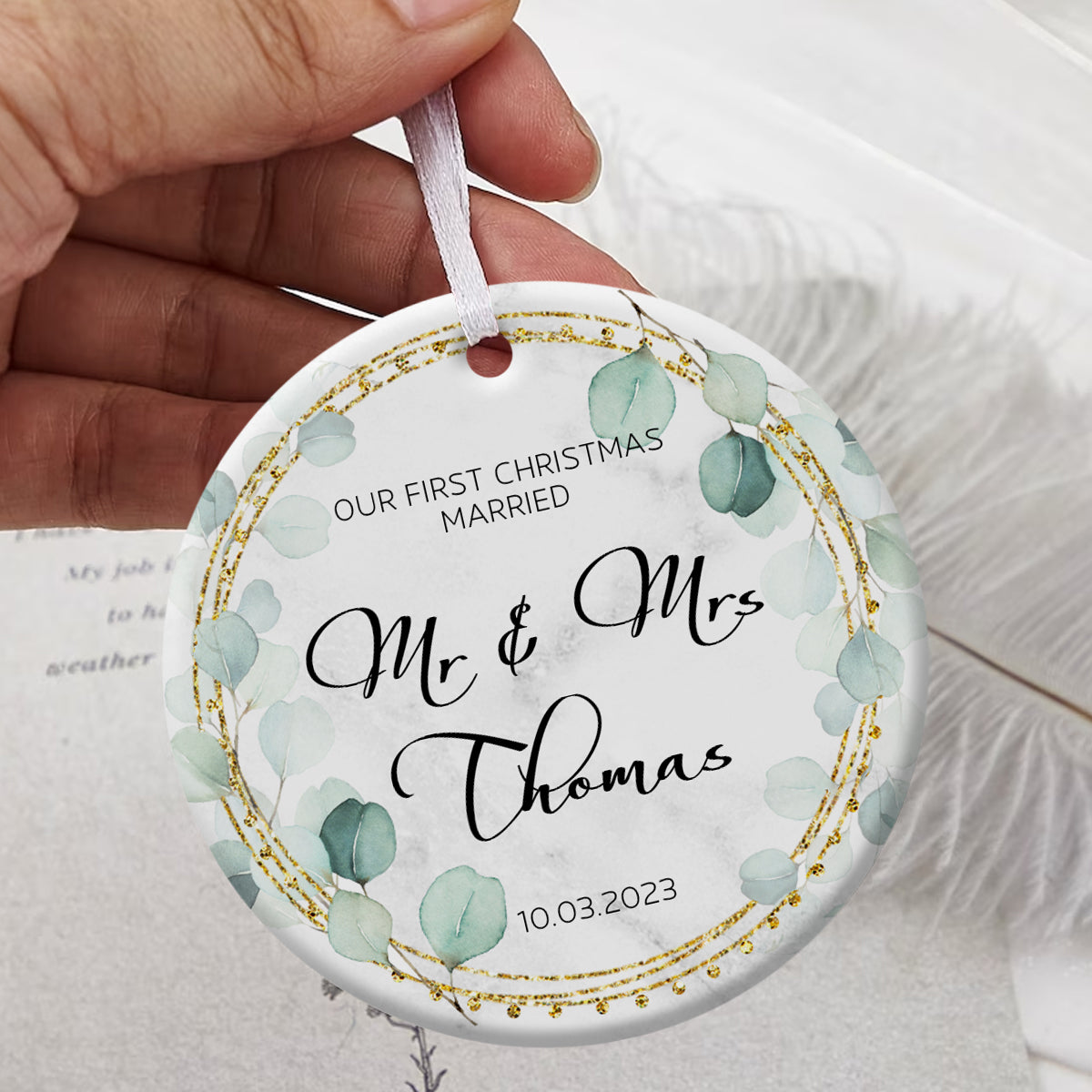 Our First Christmas Married Gold Leaves Frame - Personalized Ornament - Christmas Gift