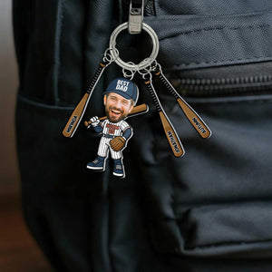 Custom Baseball Dad Photo Keychain, Personalized Photo Key Ring with Name Bats, Best Dad Gift from Kids, Father s Day Sports Gift