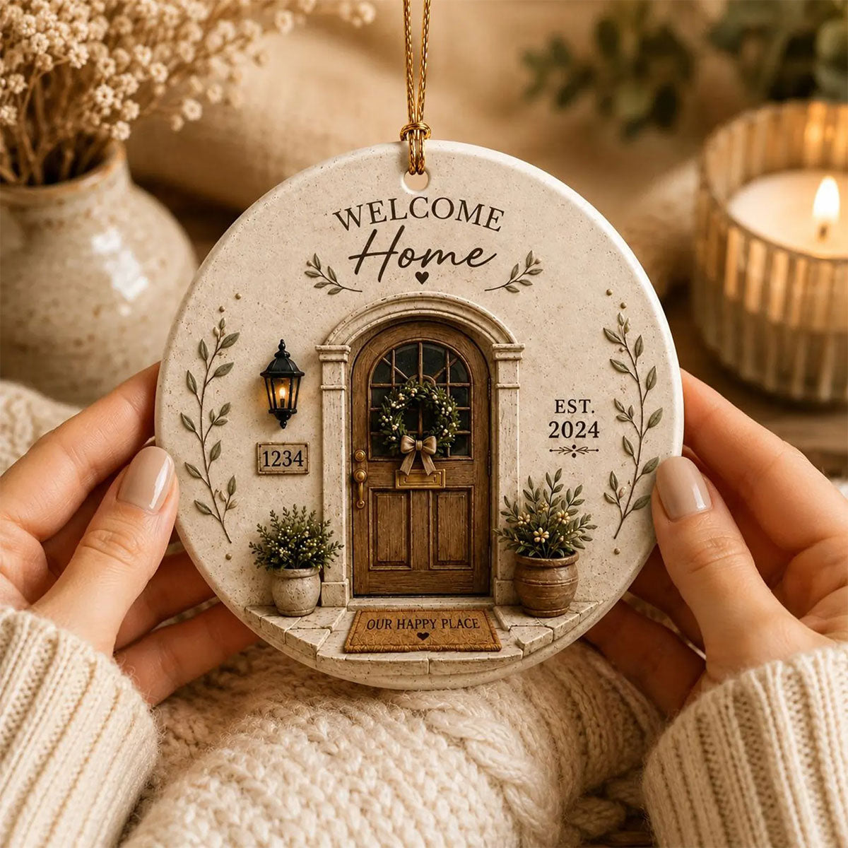 Welcome Home Our Happy Place - Personalized Ceramic Circle Ornament For Housewarming Christmas