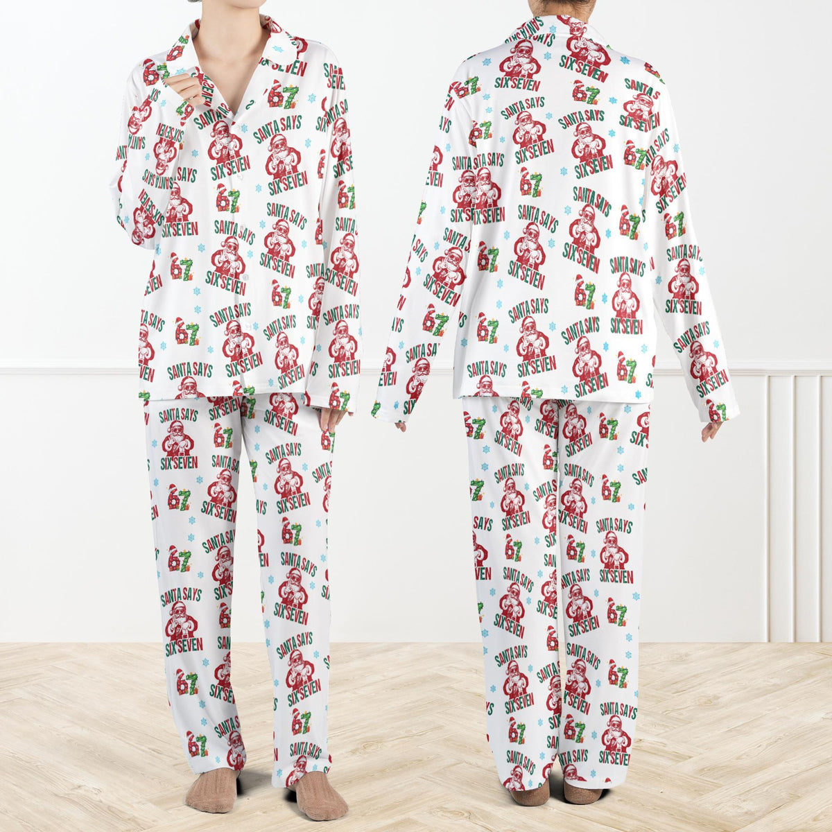 Santa Says Six Seven Meme Christmas Contrast Pajamas Set For Women And Kids, Funny Christmas PJs
