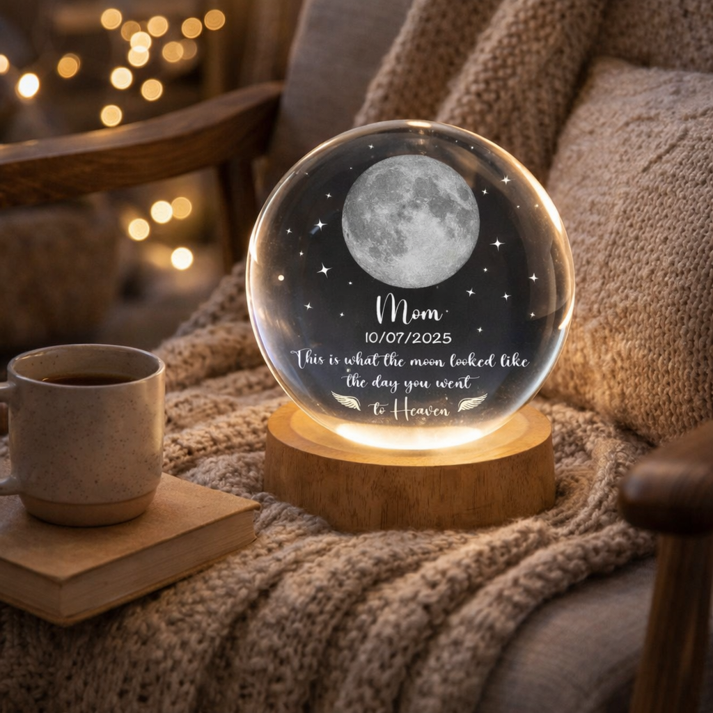 The Moon On The Day You Went To Heaven - Personalized Crystal Night Light - Moon Phase Memorial Gift