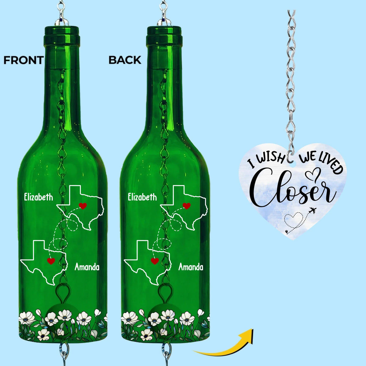 I Wish We Lived Closer - Personalized Wine Bottle Wind Chime - Gift For Sisters, Besties, Friends
