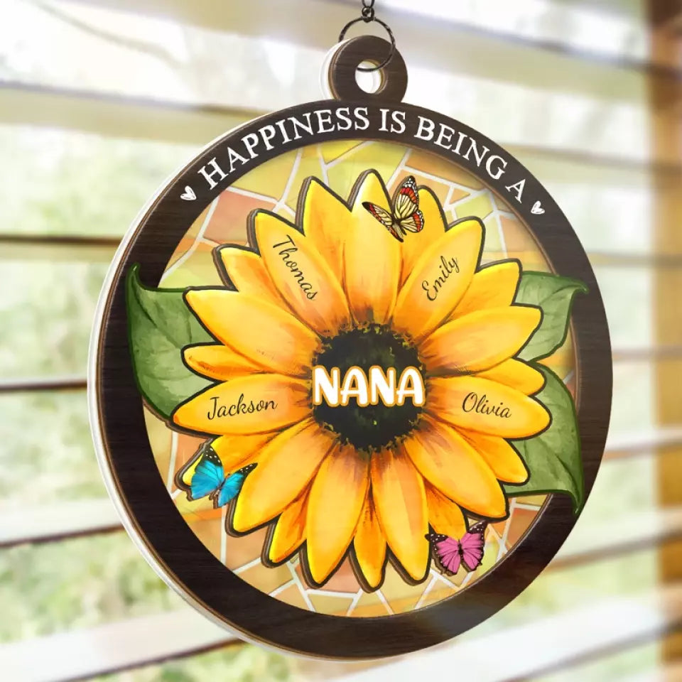 Happiness Is Being A Grandma Sunflower - Personalized Suncatcher Ornament - Gift For Mom, Mother's Day, Birthday Gift