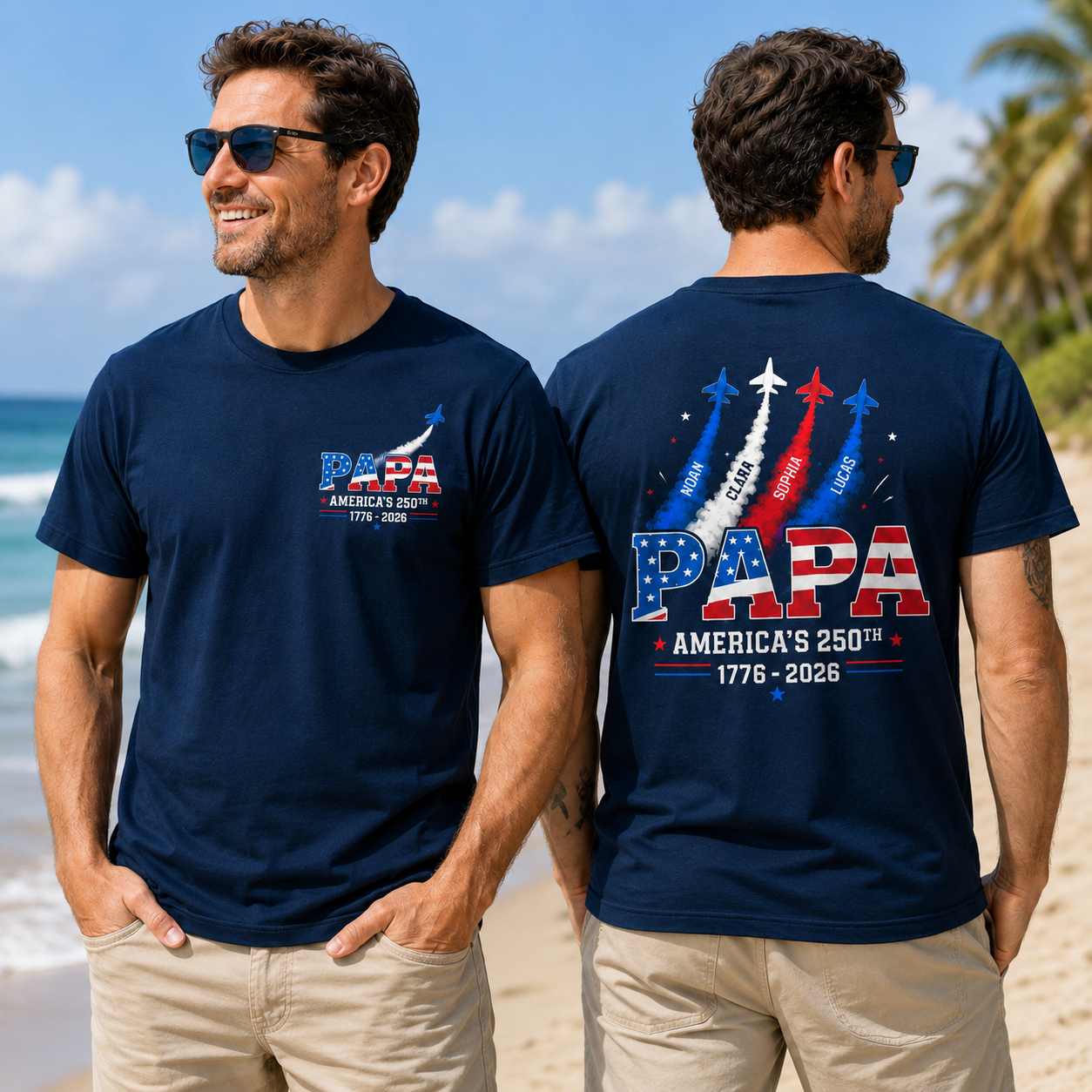 Custom Papa America 250 Shirt, Fighter Jet Kids Names Tee, Patriotic Grandpa Gift, 4th of July Dad Top, 1776 to 2026 USA, Veteran Father