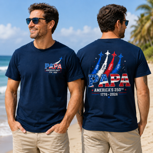 Custom Papa America 250 Shirt, Fighter Jet Kids Names Tee, Patriotic Grandpa Gift, 4th of July Dad Top, 1776 to 2026 USA, Veteran Father