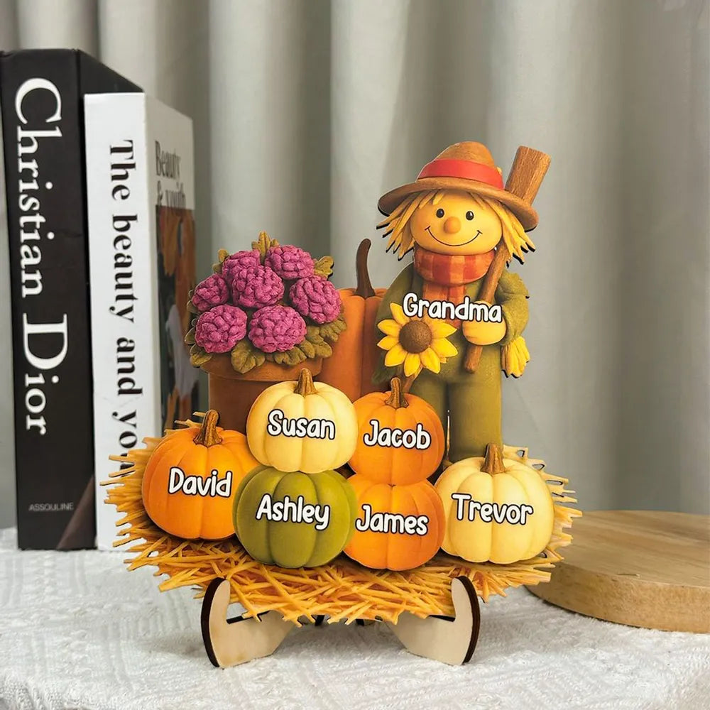Fall Scarecrow Grandma with Pumpkins Grandkids Names - Personalized Wooden Plaque - Autumn Gift For Grandma & Family